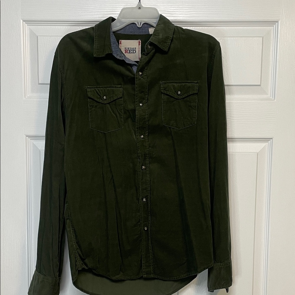 Vintage Red Olive Green Corduroy Snap-Down Shirt